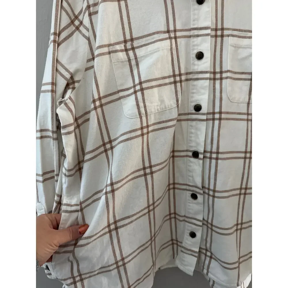 J. Crew Plus Neutral Plaid Flannel Shirt Jacket Cream‎ Brown Size XXL